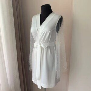 Ivory Silk Bridal Robe with Sheer Pearl-Embellished Sleeves
